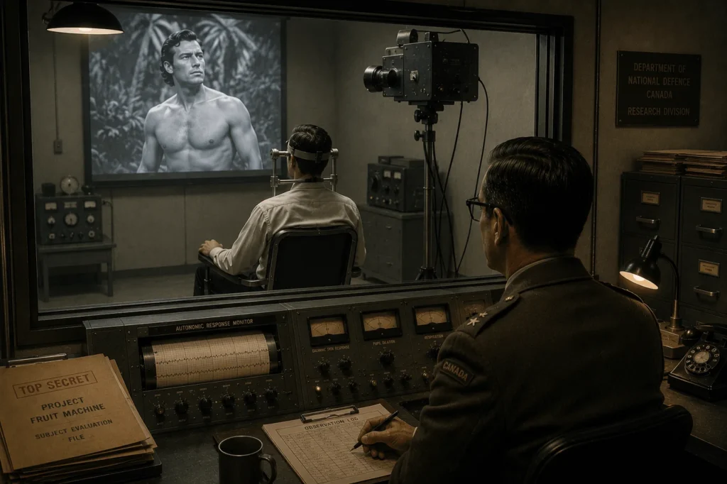 Recreación artística de la Fruit Machine canadiense, un programa de la Guerra Fría que intentó detectar la homosexualidad mediante la medición de respuestas fisiológicas involuntarias, incluida la dilatación de las pupilas.