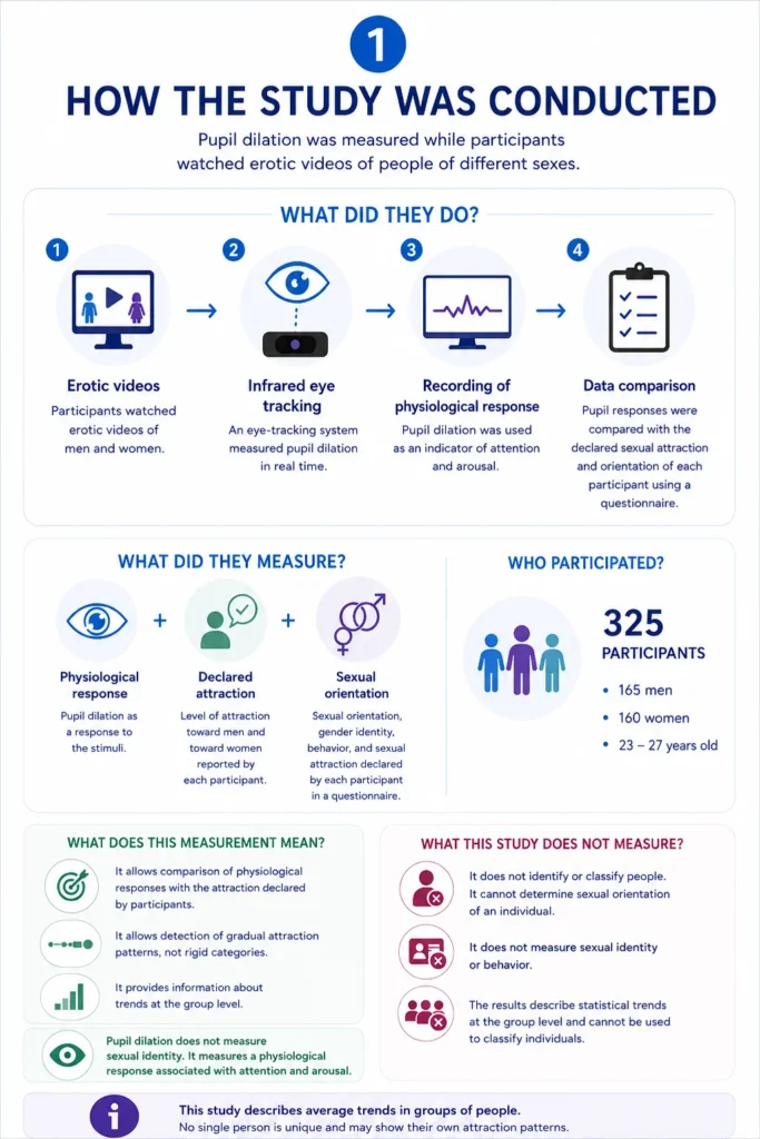 How the Cornell Study Was Conducted Infographic explaining how the Cornell University study measured pupil dilation while participants viewed erotic stimuli and reported their sexual orientation and attraction.