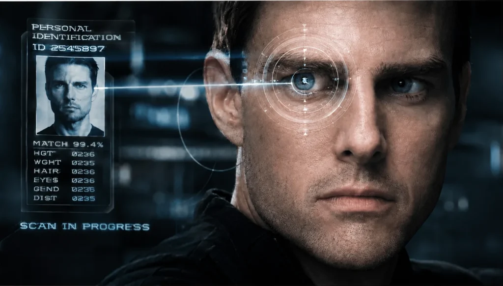 Eye Identification in Science Fiction Science-fiction-inspired representation of biometric identification through eye scanning technology.