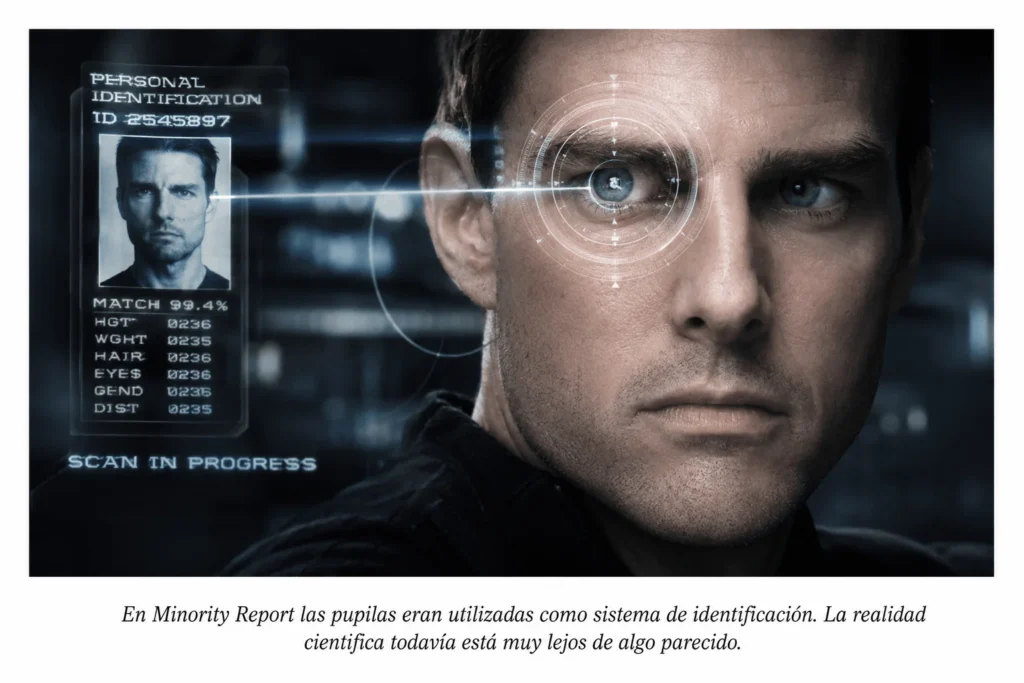Representación inspirada en la ciencia ficción de sistemas capaces de identificar personas mediante el análisis de sus ojos.