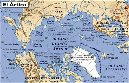 Mapa del Océano Glacial Ártico. Hogar de los Inuit. Ásia, América del Norte, Groenlandia y Europa.