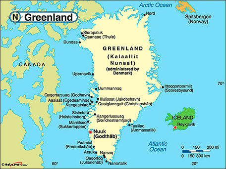 Inuit. Map of Kalaallit Nunaat or Greenland. Kalaallit Nunaat or Greenland map with localities. White color on blue background.