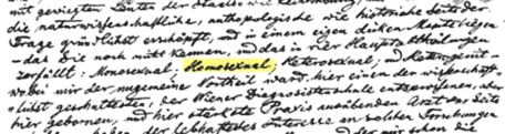 Public letter of Karl-Maria Kertbeny in which the term homosexual is created. Handwritten with black ink. We have highlighted in yellow the word homosexual.