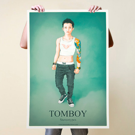 Digital illustration in poster format with Tomboy illustration for Stereotypes Collection, held by someone hidden behind the poster.