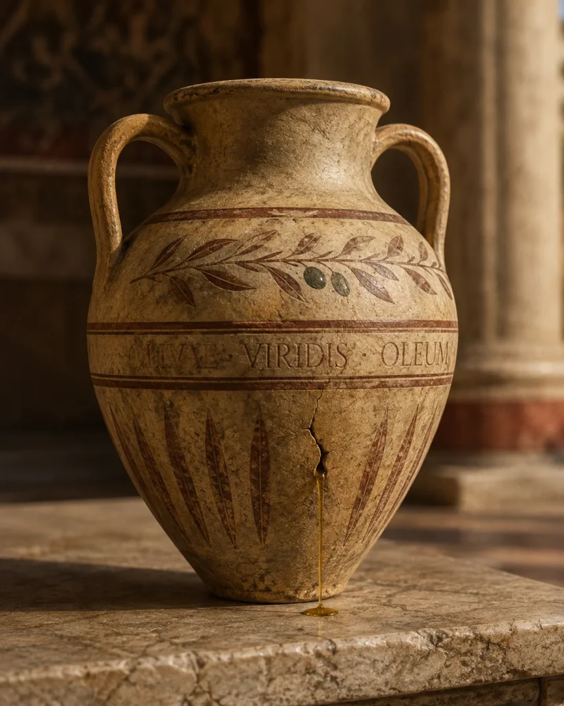 Ánfora romana perdiendo aceite | Posible origen de «perder aceite» Ánfora romana de terracota con una pequeña grieta por la que se escapa un fino hilo de aceite de oliva.