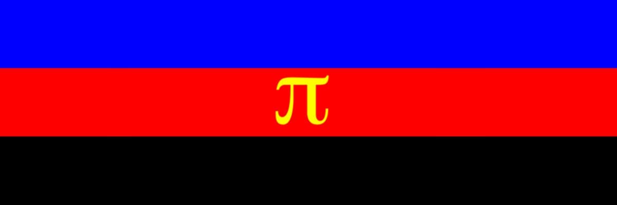 Imagen de la bandera Poliamor, compuesta de tres franjas, de arriba a bajo, azul, roja y negra. En la franja central sitúa el la letra pi en amarillo.