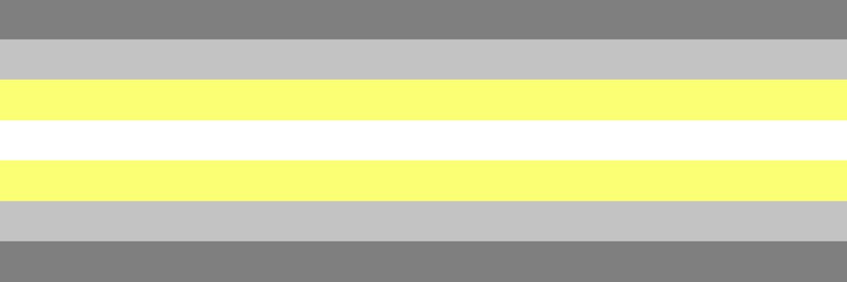 Bandera Demigénero Imagen de la Bandera demigénero compuesta por 7 franjas, centradas por una blanca y dos amarillas, arriba y debajo, dos tonos de grises.