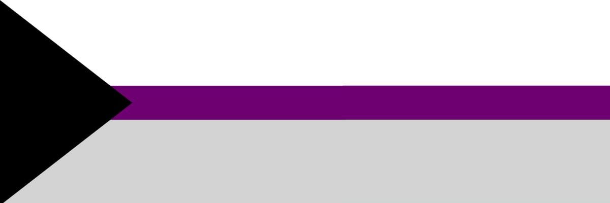 Imagen de la bandera demisexual compuesta por 3 franjas, centradas por una púrpura y una blanca arriba y una gris debajo. Un triángulo negro en vertical asoma por la izquierda de la imagen.