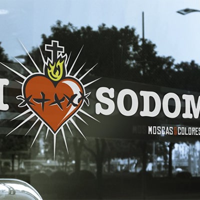 Photograph of a glass door with the drawing I love Sodom of the protest collection on the bible and homosexuality.