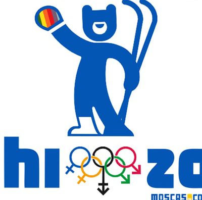 Logotipo reivindicativo para los Juegos Olímpicos de Invierno Sochi 2014 caracterizados por su homofobia. Un oso esquiador con los colores del arco iris en la mano.