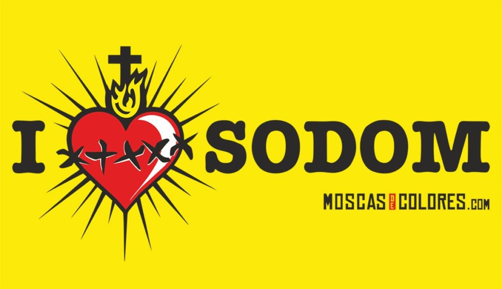 Ilustración I love Sodom sobre fondo amarillo.