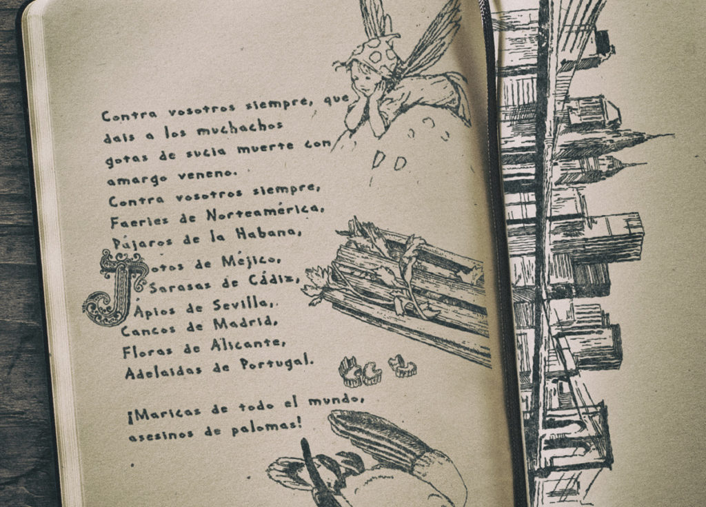 Recreation of the manuscript of the Ode to Walt Whitman with illustrations in the margin