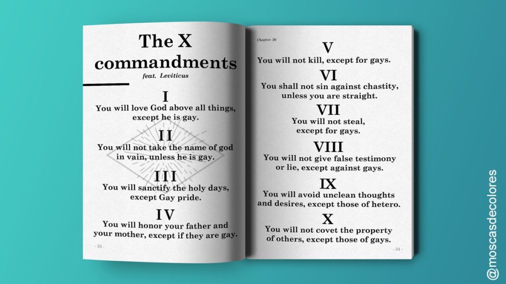 recreation of the 10 commandments, feat. Leviticus 18:22 in a book on light blue background