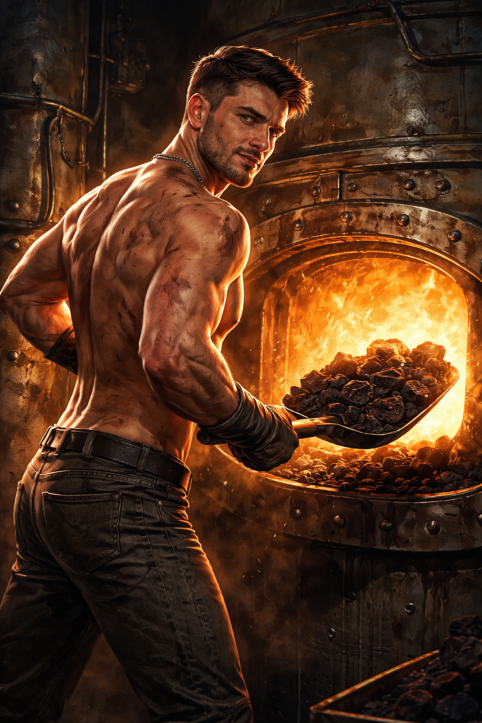 Imagen de un hombre musculoso con el torso desnudo, alimentando una caldera, ilustra la entrada del diccionario, Kočegar (кочегар)