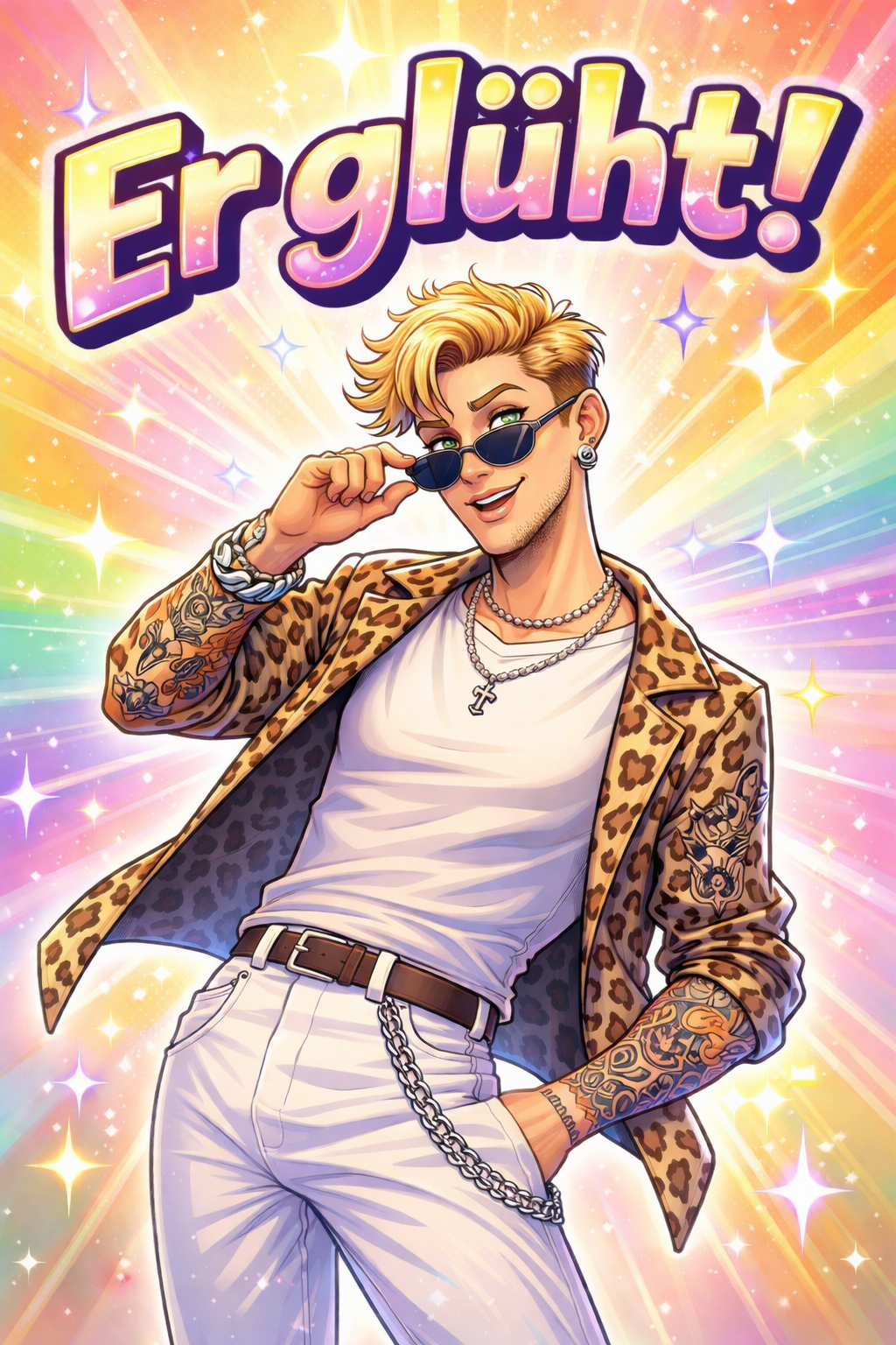 Illustration of a glowing, attractive, modern boy with tattoos against a multicolored background for the expression Er glüht