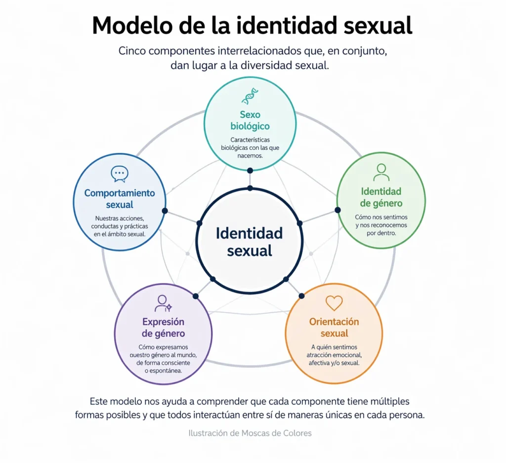 Diagrama del modelo de la identidad sexual, en el que se muestran sus 5 componentes.