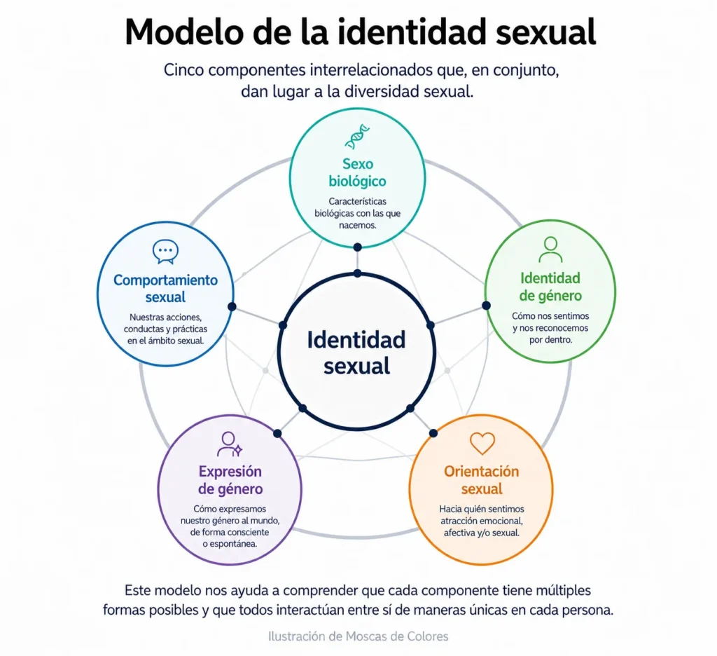 Modelo de la Identidad Sexual | Moscas de colores Diagrama del modelo de la identidad sexual, en el que se muestran sus 5 componentes.