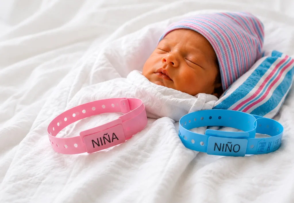 Recién nacido junto a pulseras hospitalarias rosa y azul que representan la asignación de género al nacer