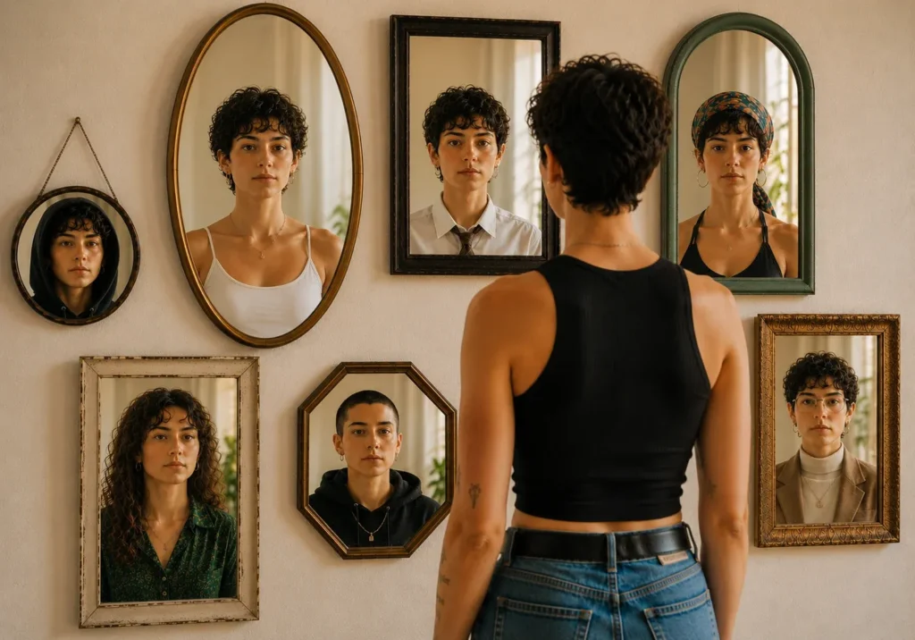 Person observing different versions of themselves reflected in several mirrors